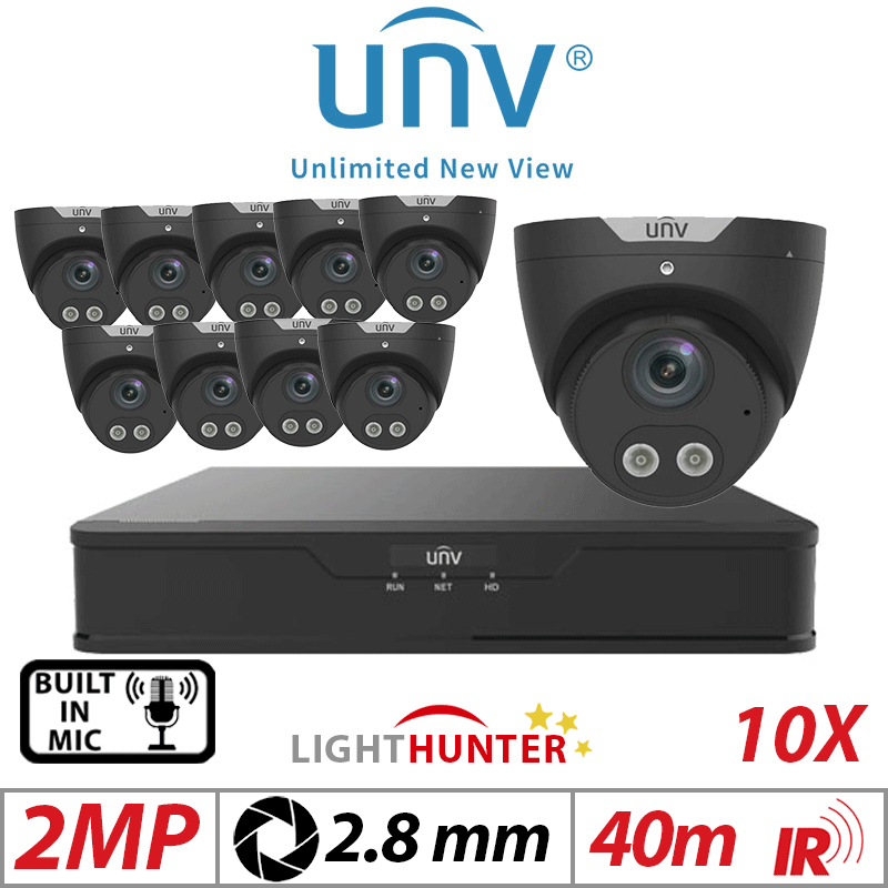 2MP 16CH Uniview Kit 10x LightHunter Mic Turret Black Cam