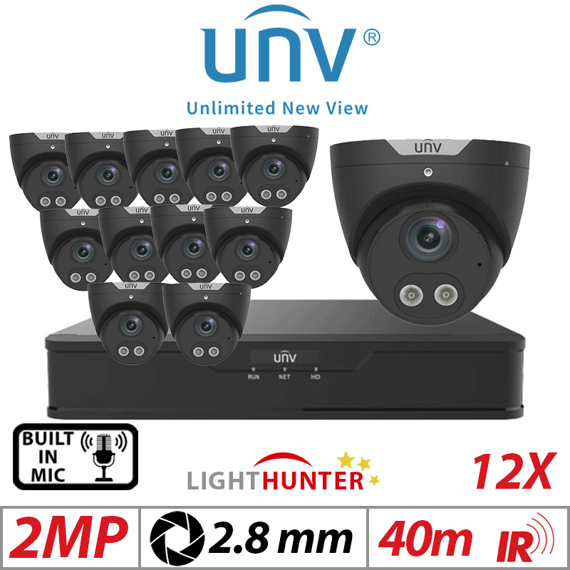 2MP 16CH Uniview Kit 12x LightHunter Mic Turret Black Cam