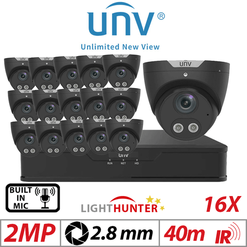 2MP 16CH Uniview Kit 16x LightHunter Mic Turret Analog Black