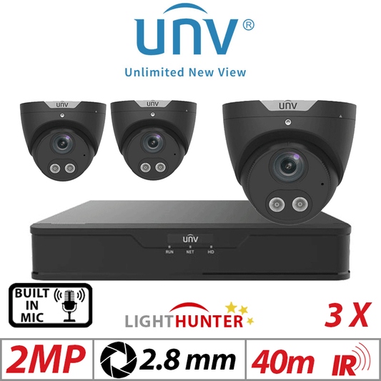 Uniview 2MP 4CH Kit 3x Lighthunter Turret Cameras Mic Black