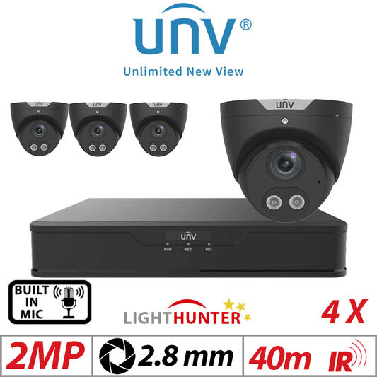 Uniview 2MP 4CH Kit 4x LightHunter Turret Cameras Mic Black