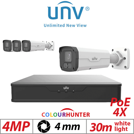 4MP 4CH UNIVIEW IP KIT – 4X ColorHunter Turret Camera White