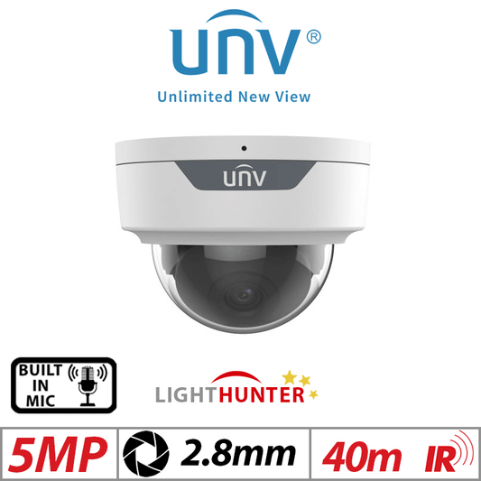 Uniview 5MP Dome IP Camera – AI, IR, Mic, 2.8mm, White