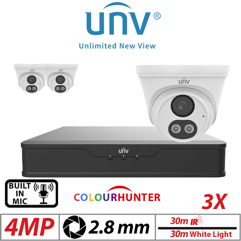 4MP 4CH UNIVIEW IP KIT – 3X ColorHunter Turret Camera White