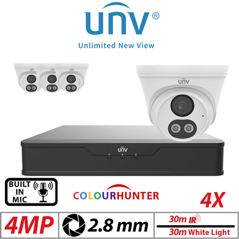 4MP 8CH UNIVIEW IP KIT – 4X ColorHunter Turret Camera White