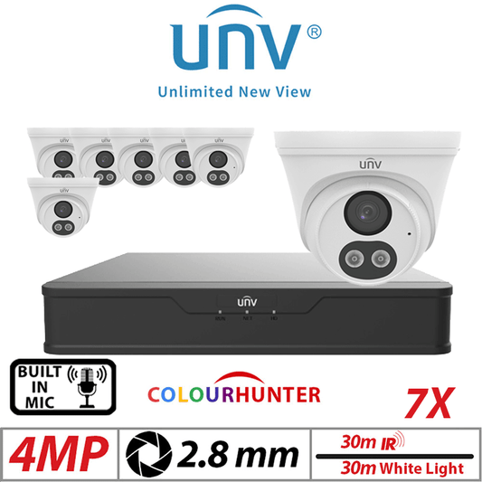 4MP 8CH UNIVIEW IP KIT – 7X ColorHunter Turret Camera White
