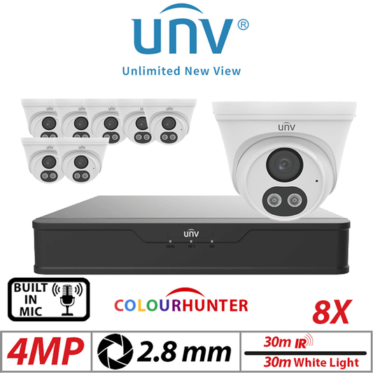 4MP 8CH UNIVIEW IP KIT – 8X ColorHunter Turret Camera White