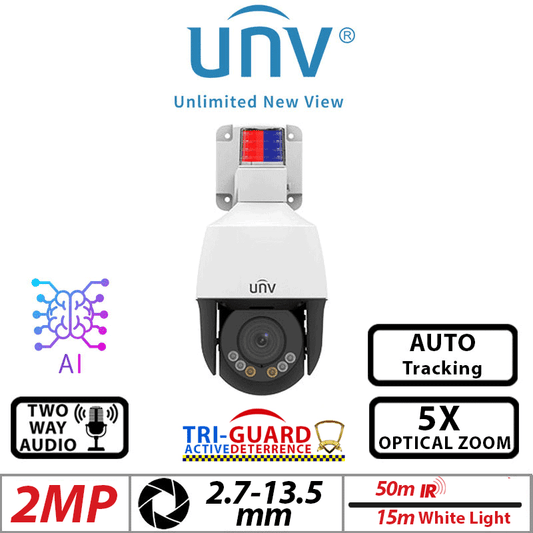 Uniview 2MP PTZ Tri-Guard Camera 5X Zoom AI 2-Way Audio IPC6322LFW-AX5C-VG