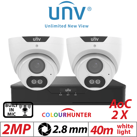 Uniview 2MP 4CH Kit 2x ColorHunter 24/7 Turret Cameras Mic