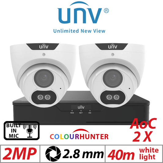 Uniview 2MP 4CH Kit – 2 ColorHunter Cameras, Mic, 2.8mm White