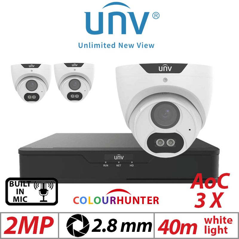 Uniview 2MP 4CH Kit 3x ColorHunter 24/7 Turret Cameras Mic