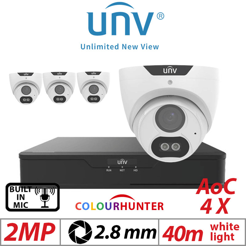Uniview 2MP 4CH Kit 4x ColorHunter 24/7 Turret Cameras Mic