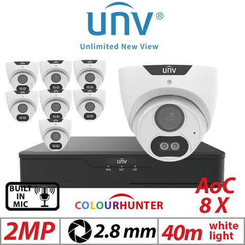 Uniview 2MP 8CH Kit 8x ColorHunter 24/7 Turret Cameras Mic