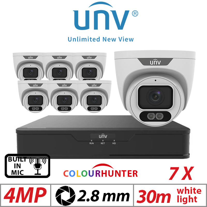4MP 8CH Uniview Kit – 7x White ColorHunter Eyeball 2.8mm