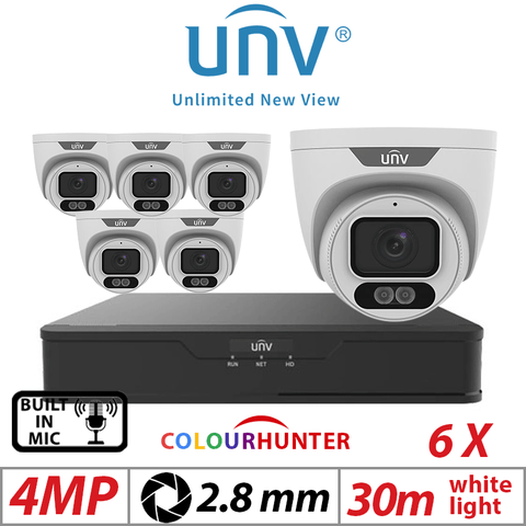 4MP 8CH Uniview Kit – 6x White ColorHunter Eyeball 2.8mm