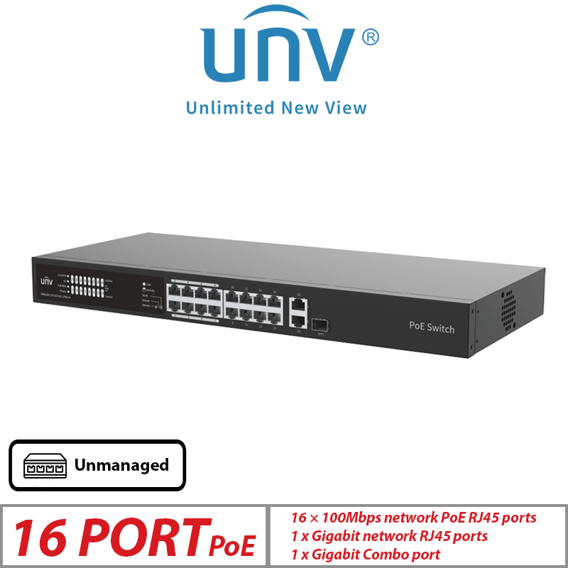 Uniview 18-Port Unmanaged Low Power PoE Switch – 16 PoE + Uplink