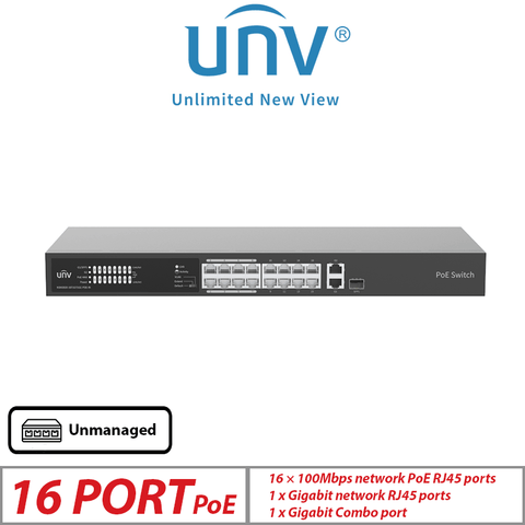 Uniview 18-Port Unmanaged PoE Switch – 16 PoE + 2 Uplink