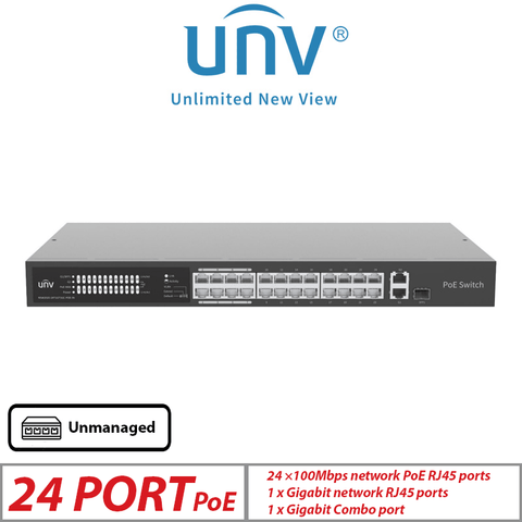 Uniview 26-Port Unmanaged PoE+ Switch – 24 PoE + 2 Uplink