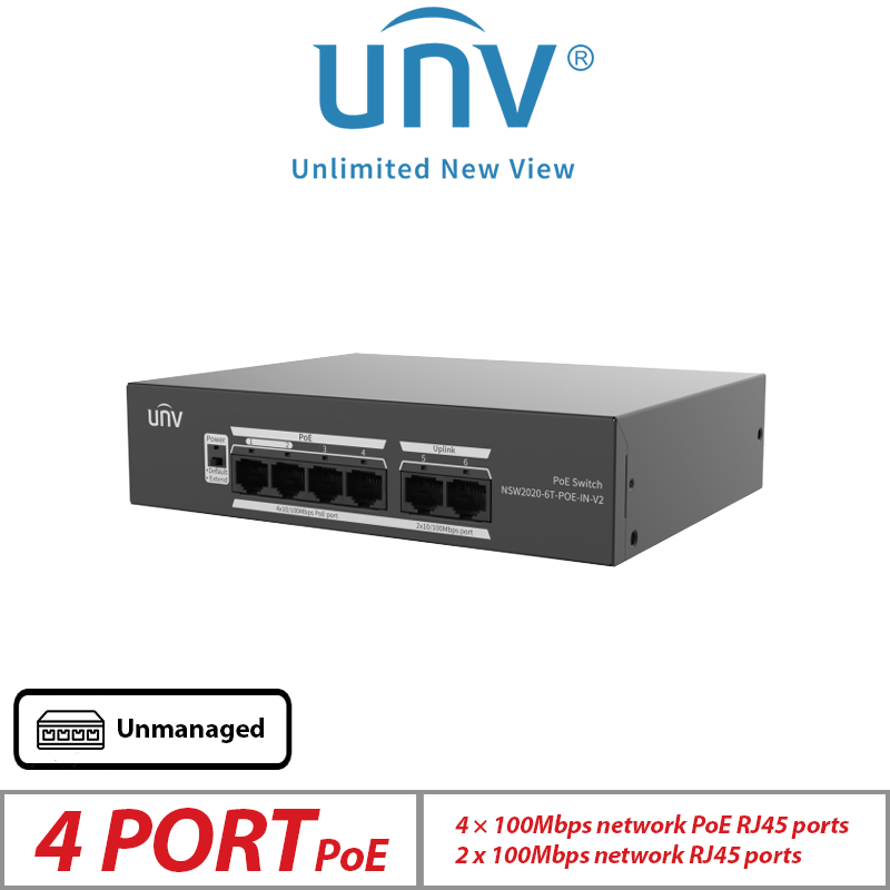 Uniview 6-Port Unmanaged PoE Switch 4 PoE + 2 Uplink NSW2020-6T-POE-IN-V2