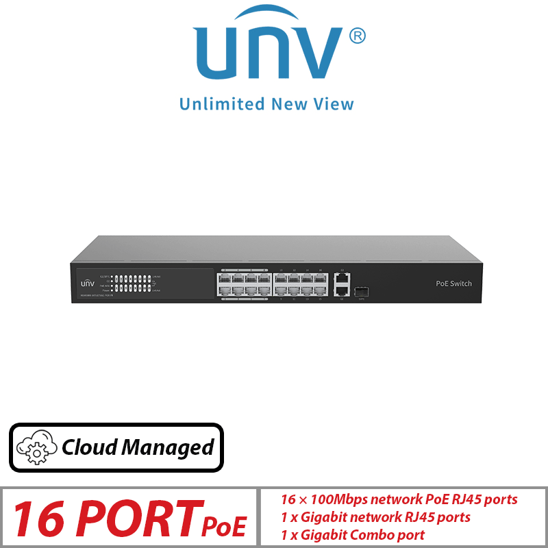 Uniview 18-Port Cloud Managed PoE Switch – 16 PoE + 2 Uplink