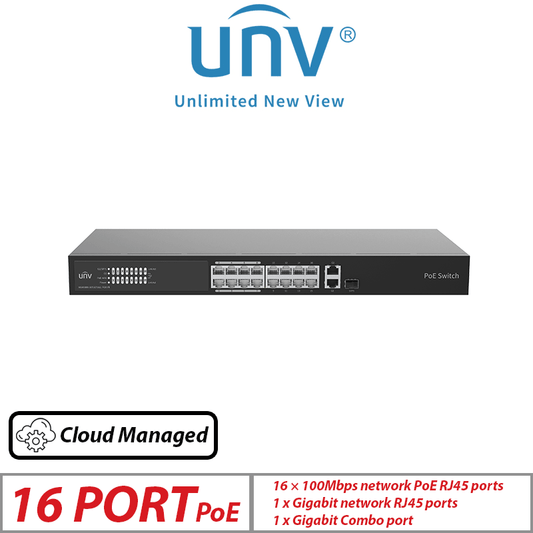 Uniview 18-Port Cloud Managed PoE Switch – 16 PoE + 2 Uplink