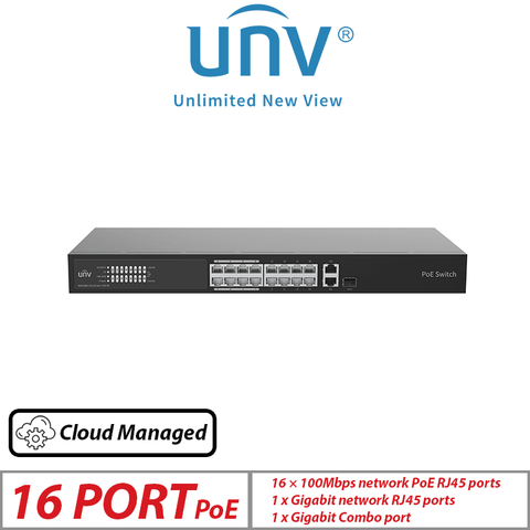 Uniview 18-Port Cloud Managed PoE Switch – 16 PoE + 2 Uplink