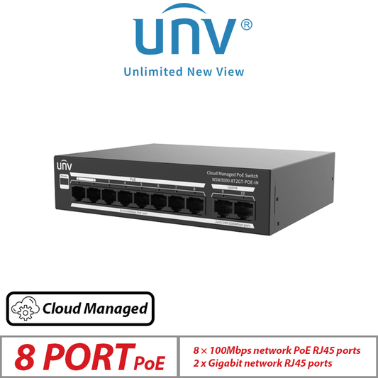 Uniview 10-Port Cloud Managed PoE Switch – 8 PoE + 2 Uplink