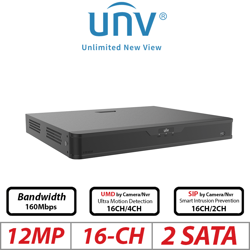Uniview PoE NVR – 12MP, 16CH, 2-SATA, Ultra 265/H.265
