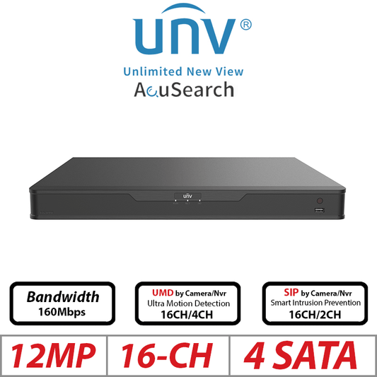 Uniview 12MP 16CH AI NVR – 4-SATA, Ultra 265/H.265/H.264