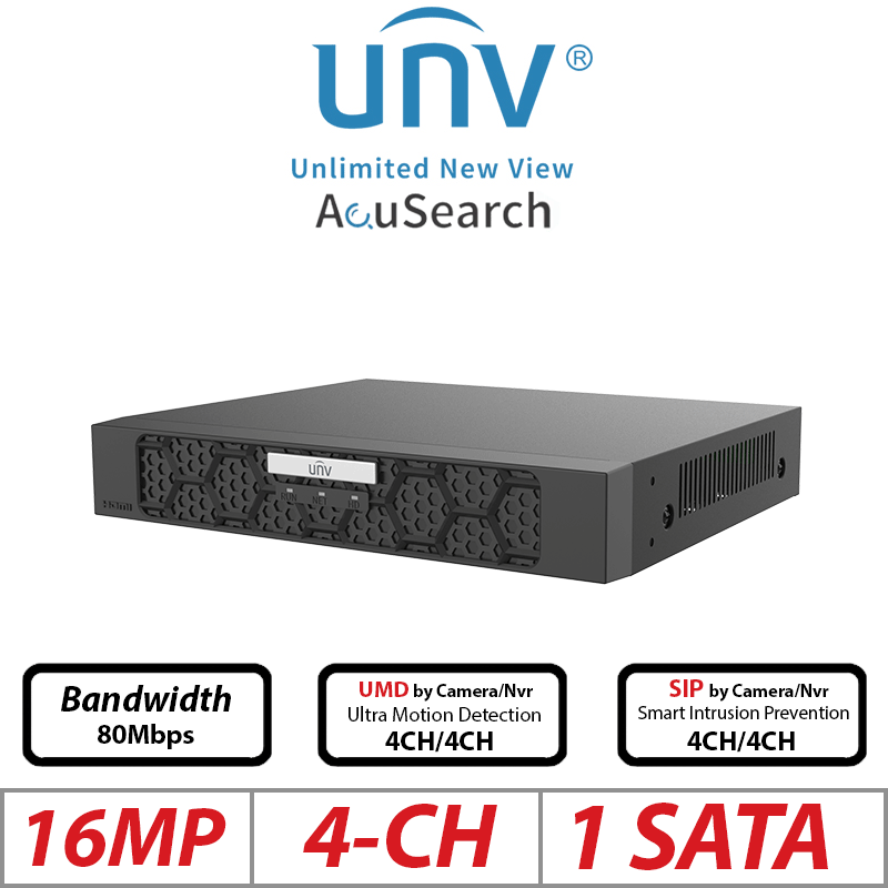 Uniview 4CH AI PoE NVR 16MP Ultra265/H.265 1-SATA