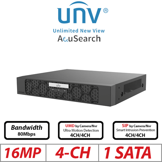Uniview 4CH AI PoE NVR 16MP Ultra265/H.265 1-SATA
