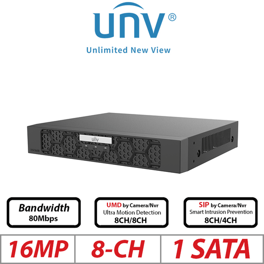 Uniview 16MP 8CH PoE NVR – Ultra265/H.265 1-SATA NVR501-08B