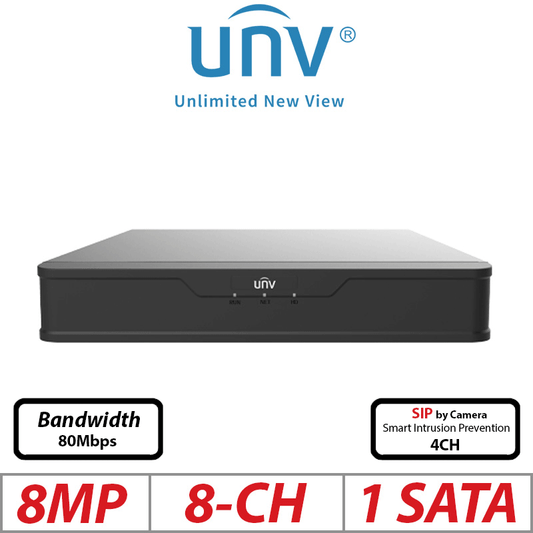 Uniview 8MP 8CH PoE NVR – Ultra265/H.265 1-SATA NVR501-08B
