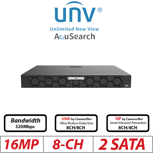 Uniview 16MP 8CH 2-SATA PoE NVR – AI Ultra265/H.265/H.264