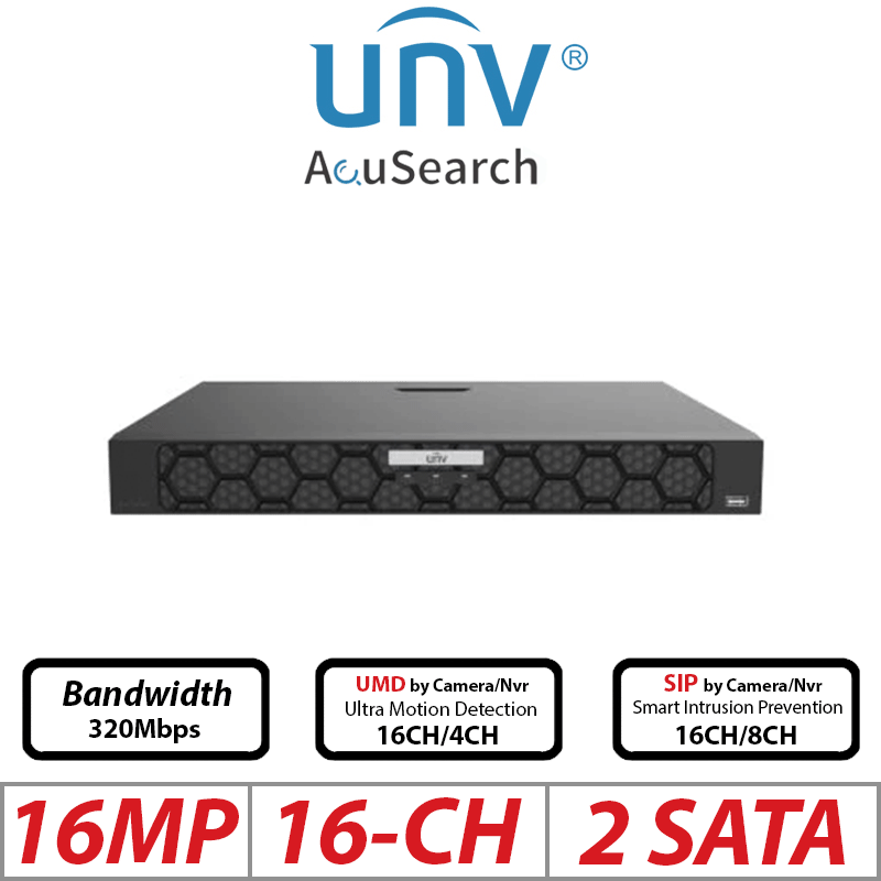 Uniview 16MP 16CH AI NVR – 2-SATA, Ultra 265/H.265/H.264