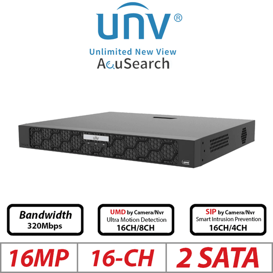 Uniview IQ Series NVR – 16CH, 16MP, PoE, 2-SATA, AI