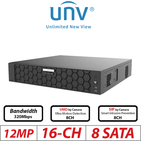 Uniview 16CH NVR – 12MP, 8-SATA, Ultra 265/H.265/H.264