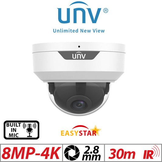 8MP Uniview Vandal-Resistant Dome Camera IR Mic 2.8mm White
