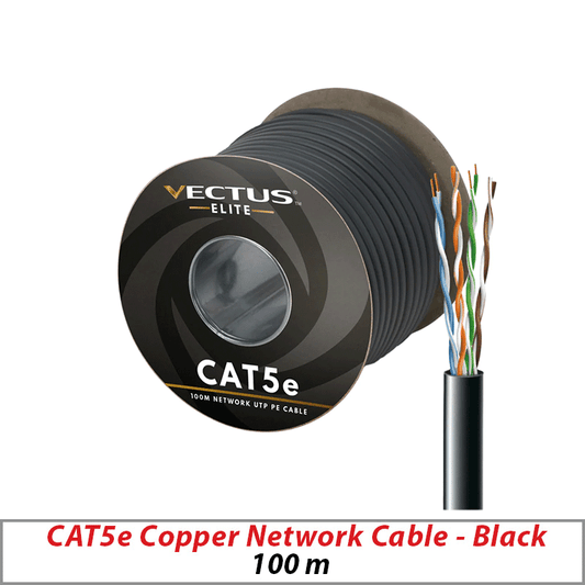 CAT5E- 100M ROLL VECTUS CABLE BLACK OUTDOOR SOLID COPPER
